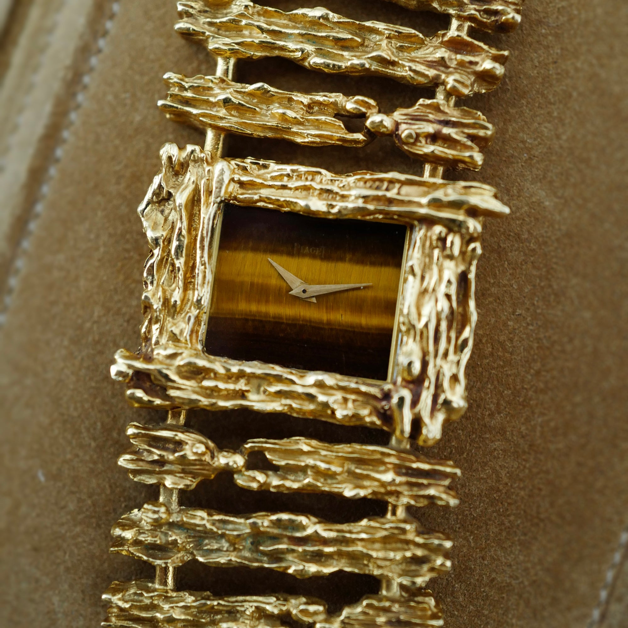 Piaget Yellow Gold Wood Bark Tigerseye Watch, Circa 1970s