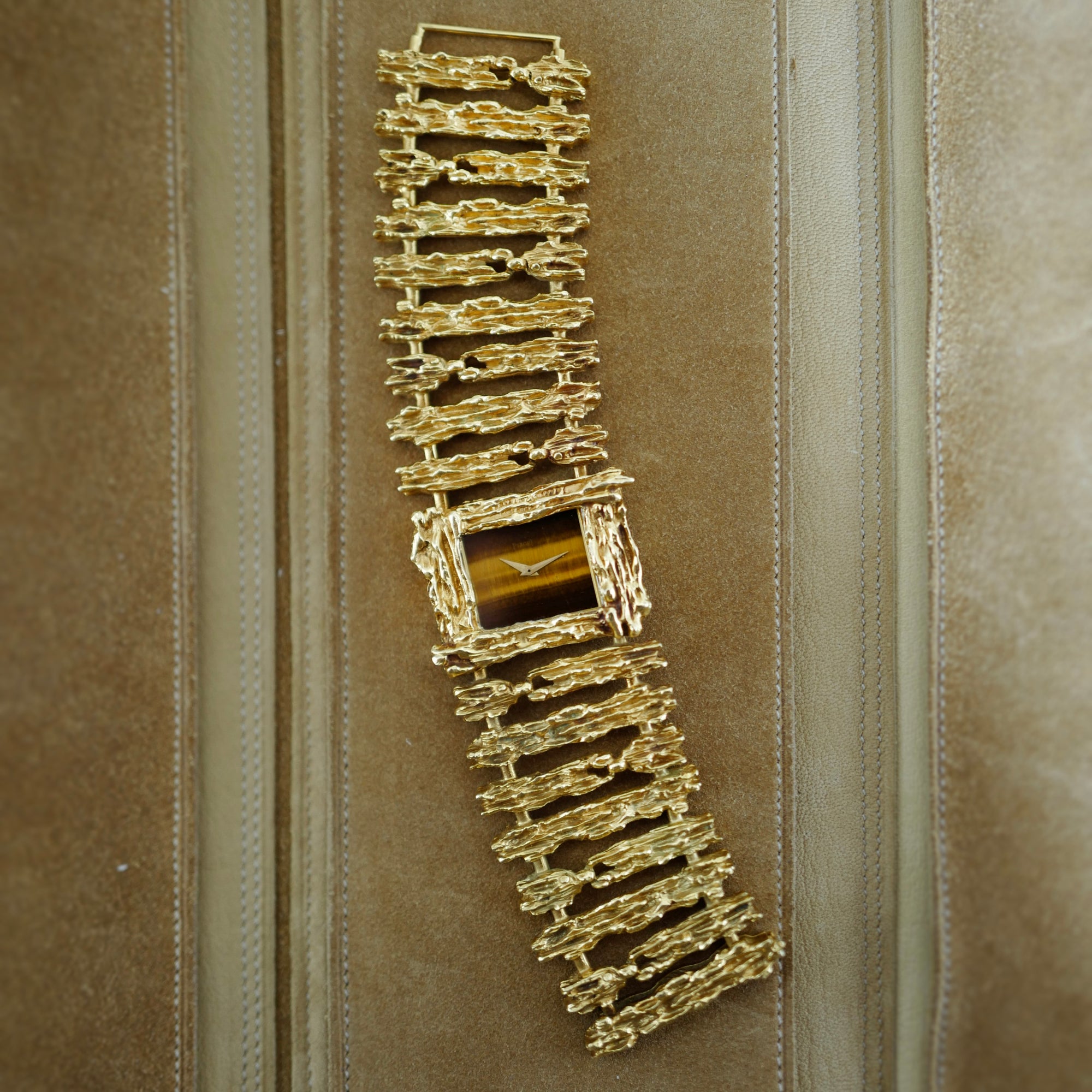 Piaget Yellow Gold Wood Bark Tigerseye Watch, Circa 1970s