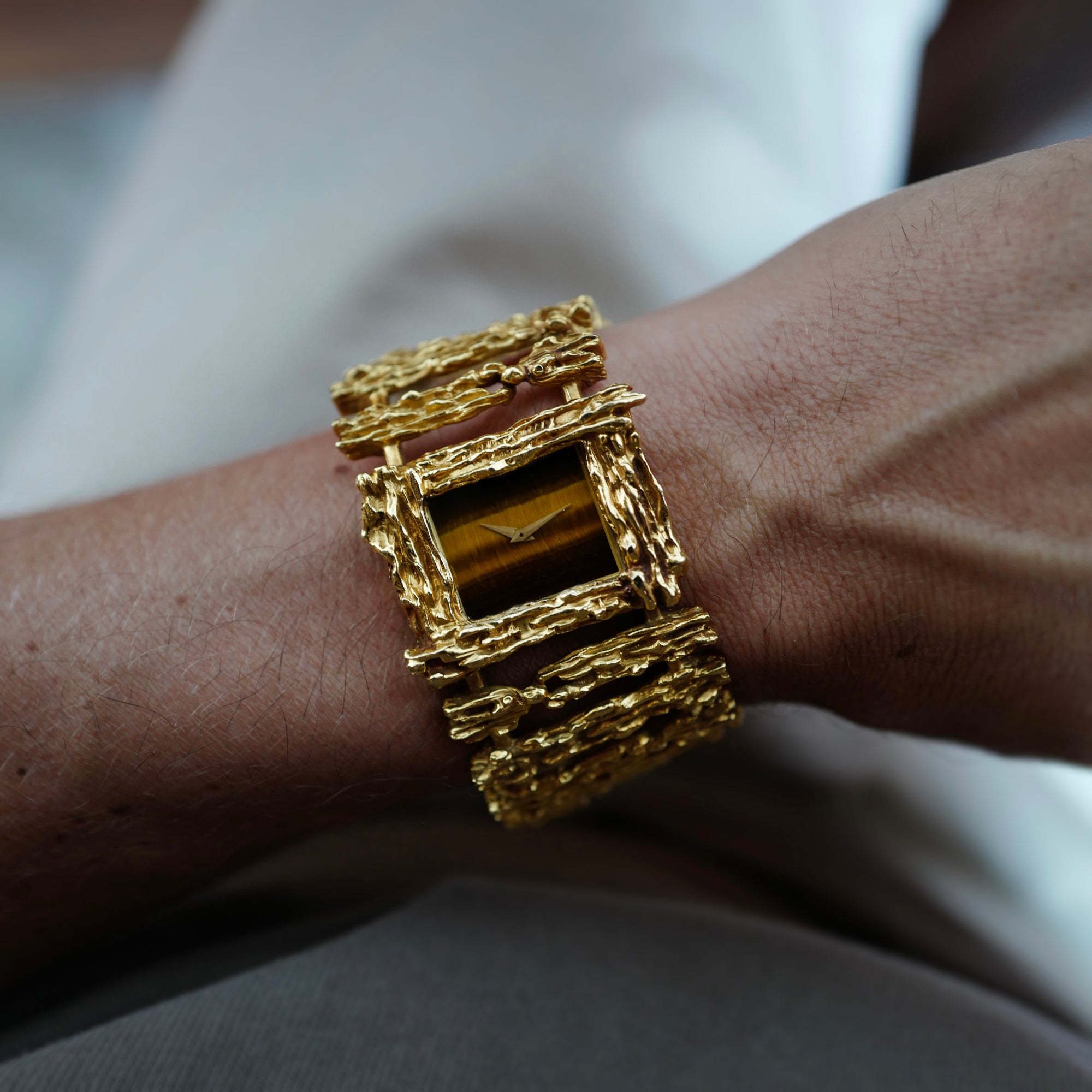 Piaget Yellow Gold Wood Bark Tigerseye Watch, Circa 1970s