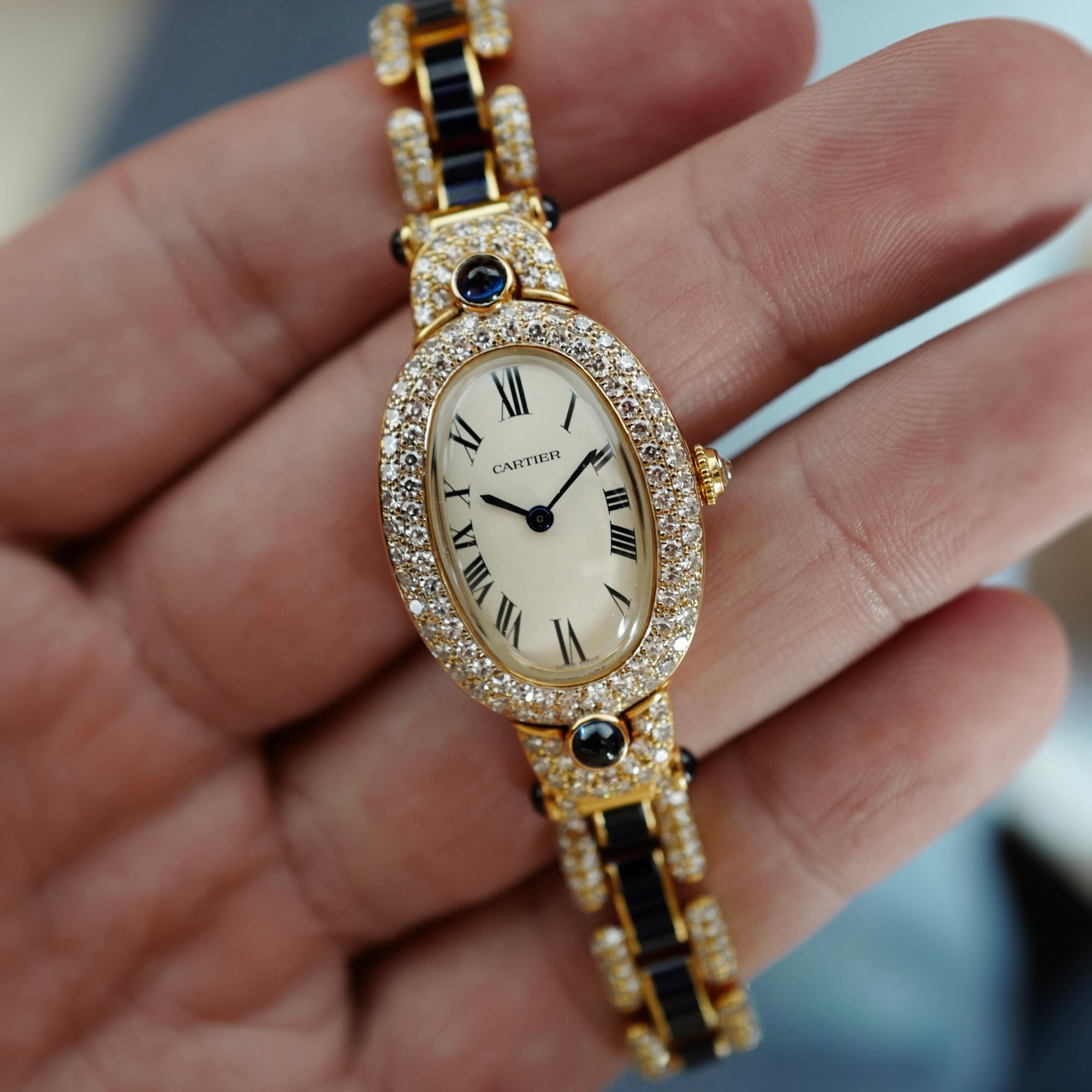 Cartier Yellow Gold Baignoire 1920 with Original Sapphire &amp; Diamonds