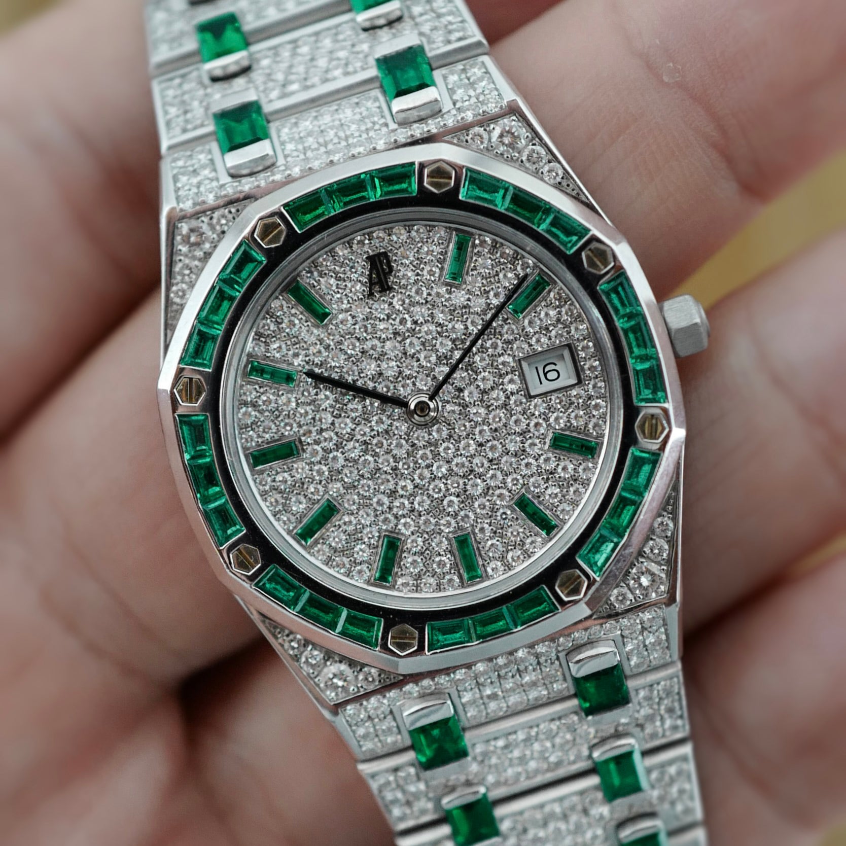 Audemars Piguet White Gold Royal Oak Watch Ref. 56603 with Diamond &amp; Emerald