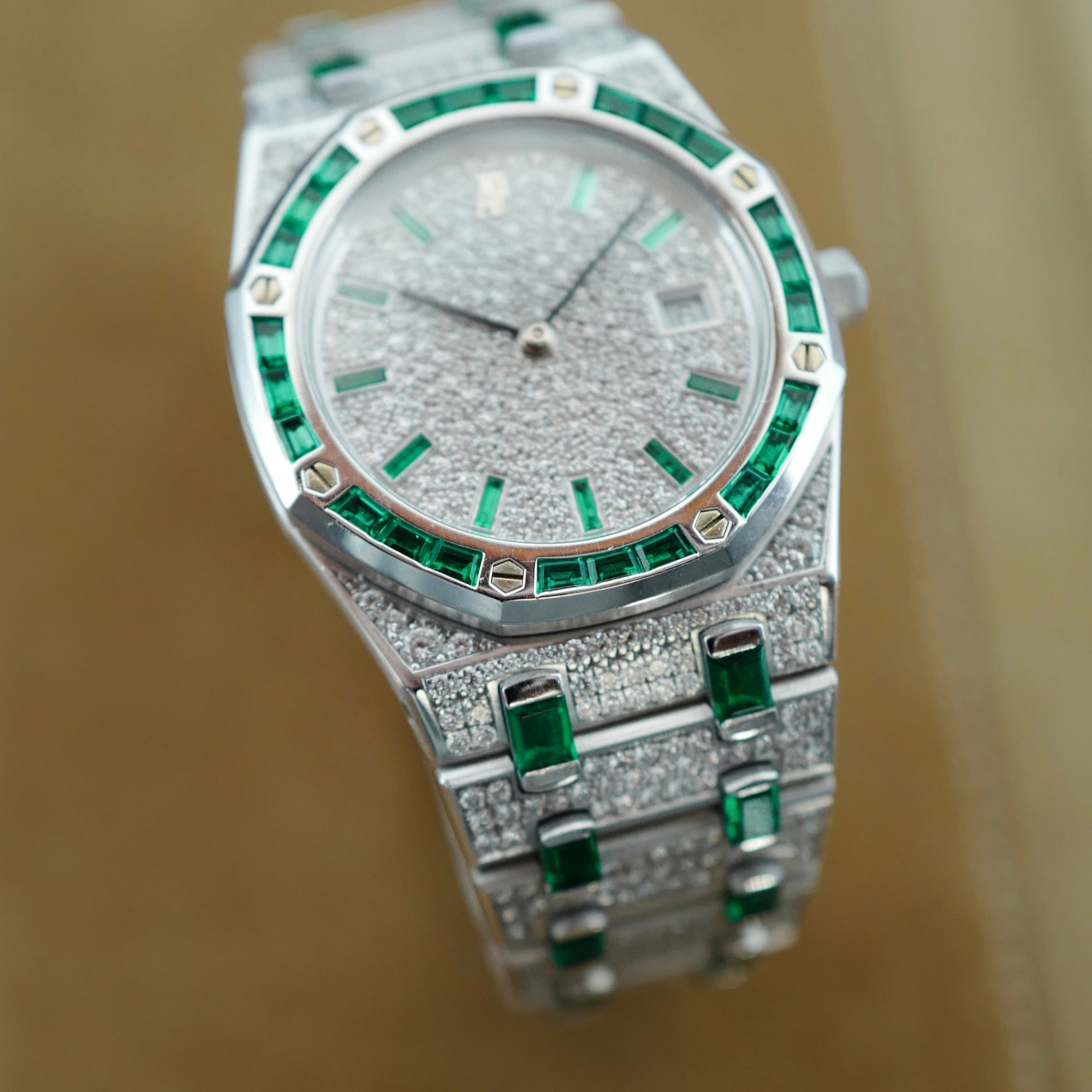 Audemars Piguet White Gold Royal Oak Watch Ref. 56603 with Diamond &amp; Emerald