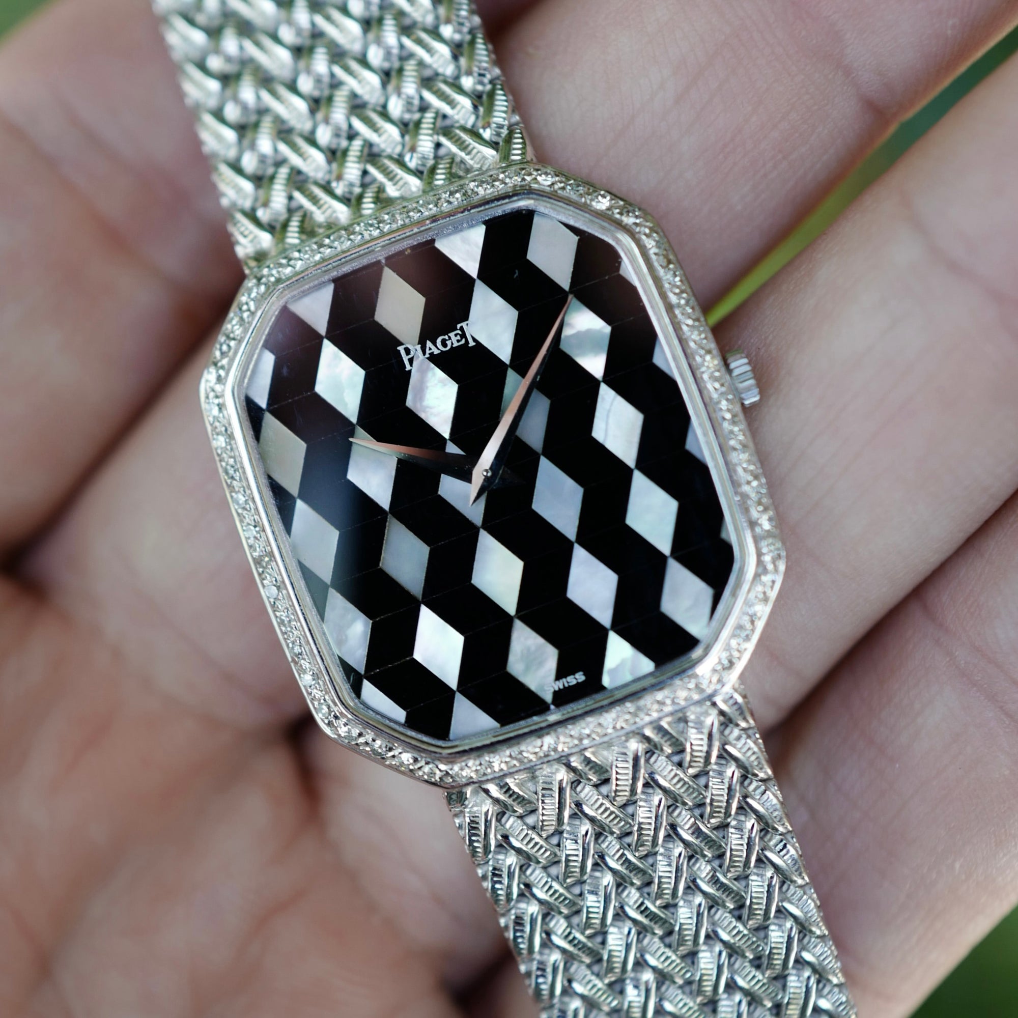 Piaget White Gold Bracelet Watch Ref. 9795 with Geometric Onyx and Mother of Pearl Dial