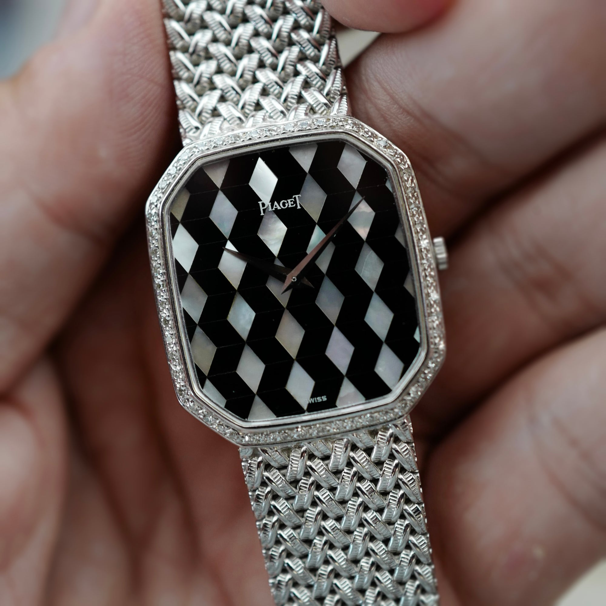 Piaget White Gold Bracelet Watch Ref. 9795 with Geometric Onyx and Mother of Pearl Dial