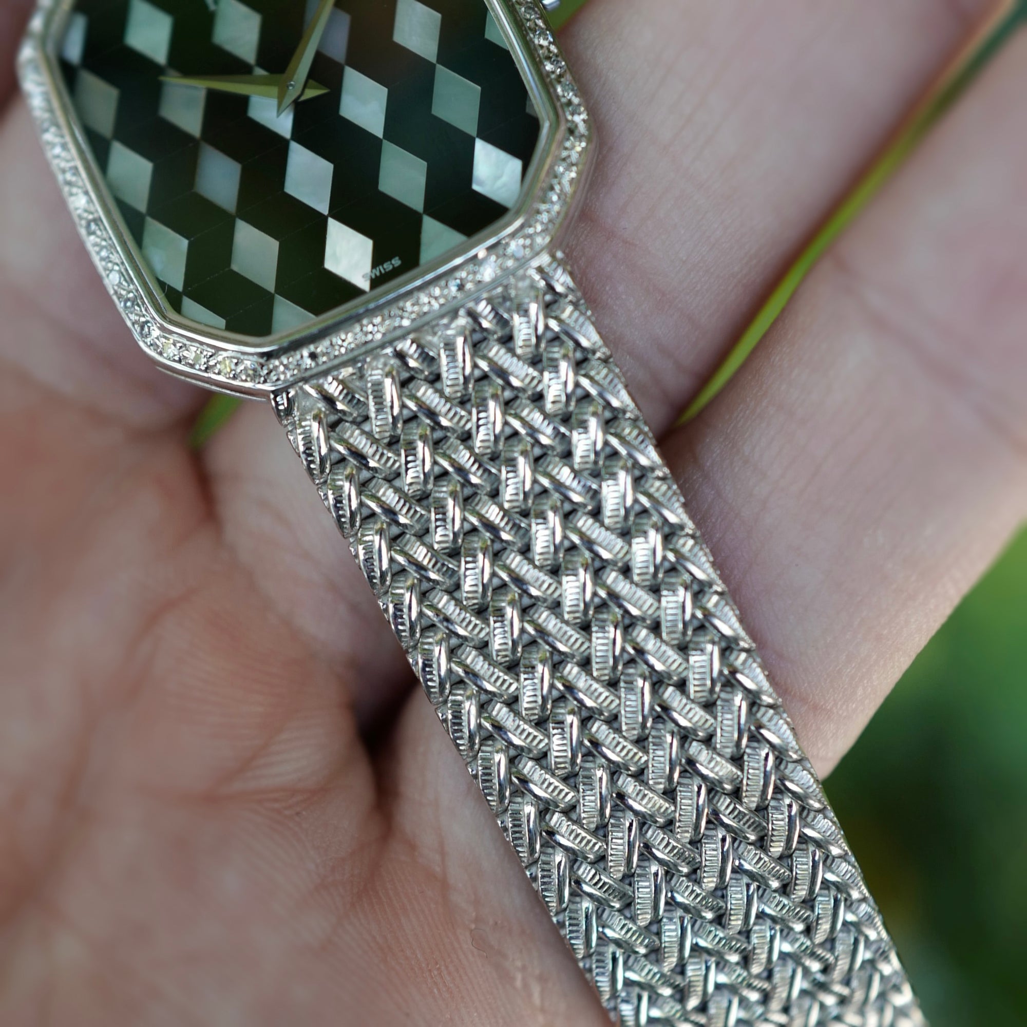 Piaget - Piaget White Gold Bracelet Watch Ref. 9795 with Geometric Onyx and Mother of Pearl Dial - The Keystone Watches