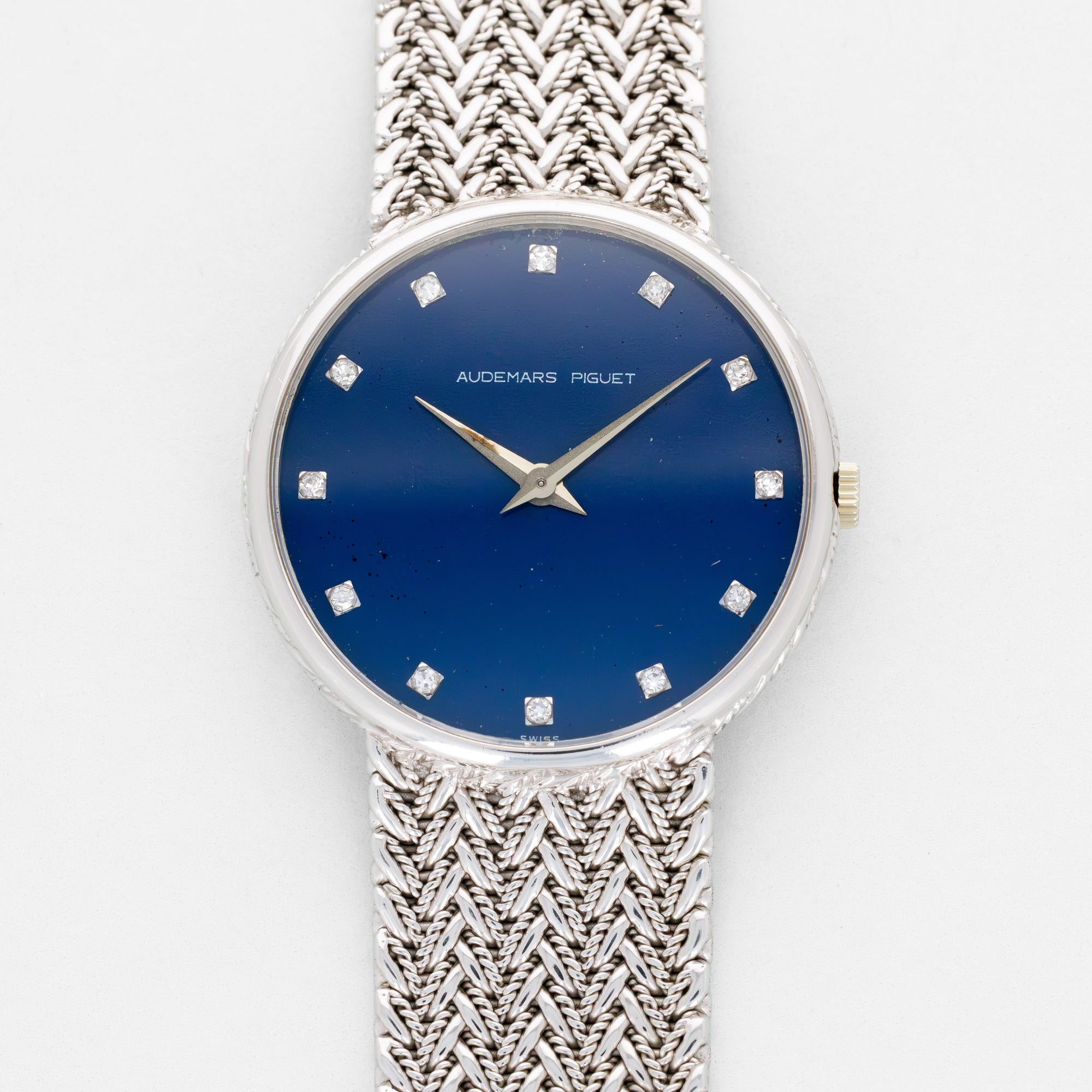 Audemars Piguet White Gold Round Bracelet Watch with Diamond Blue Dial