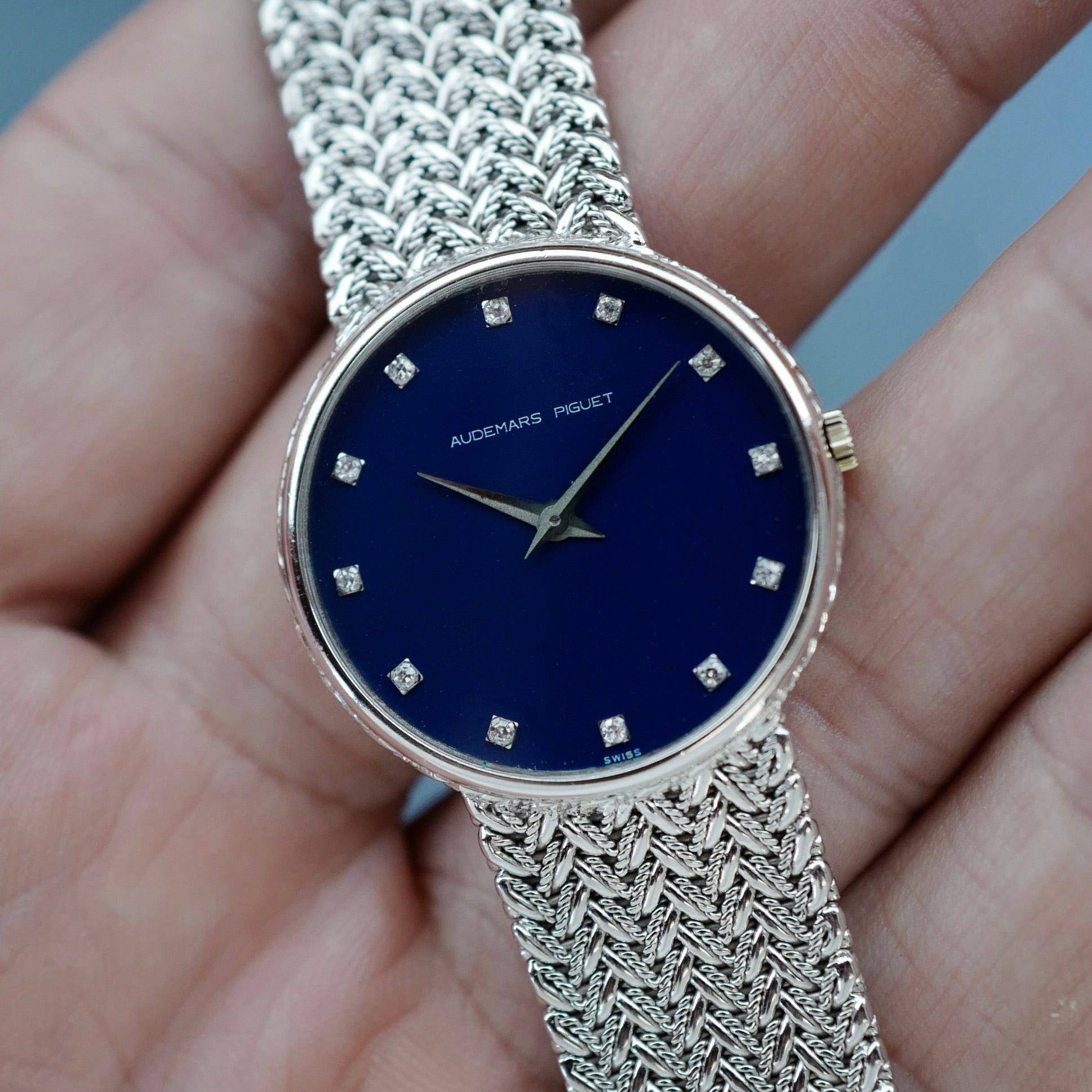 Audemars Piguet White Gold Round Bracelet Watch with Diamond Blue Dial