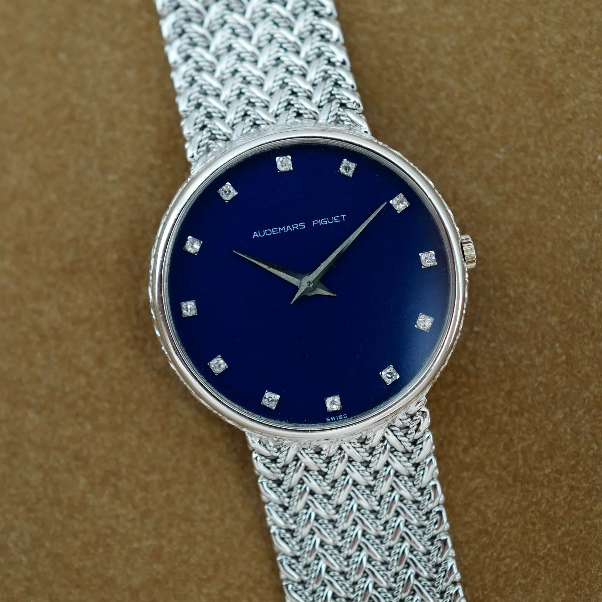Audemars Piguet White Gold Round Bracelet Watch with Diamond Blue Dial