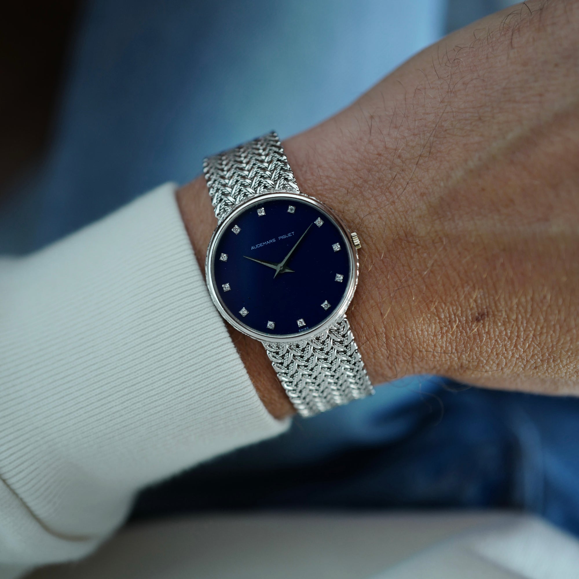 Audemars Piguet White Gold Round Bracelet Watch with Diamond Blue Dial