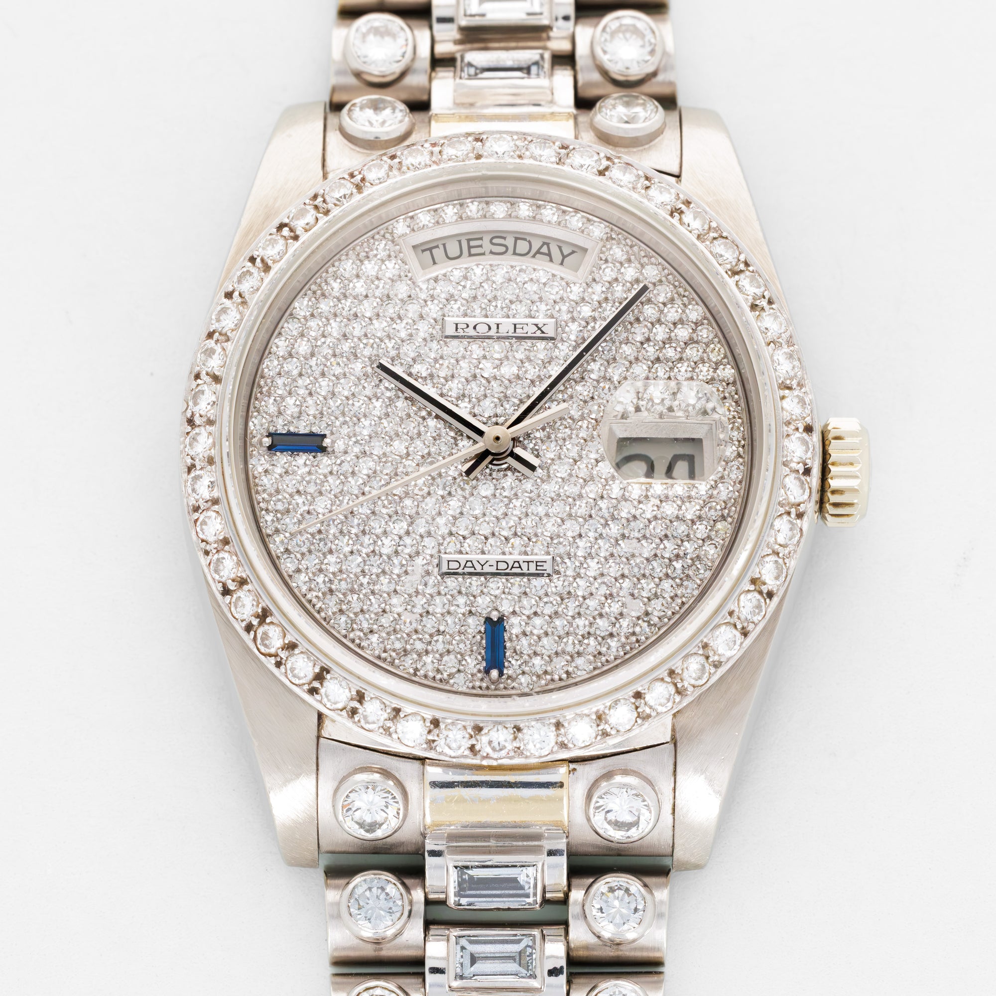 Rolex White Gold Octopussy Day-Date Ref. 18049 with Diamond Pave Dial and Sapphire Markers