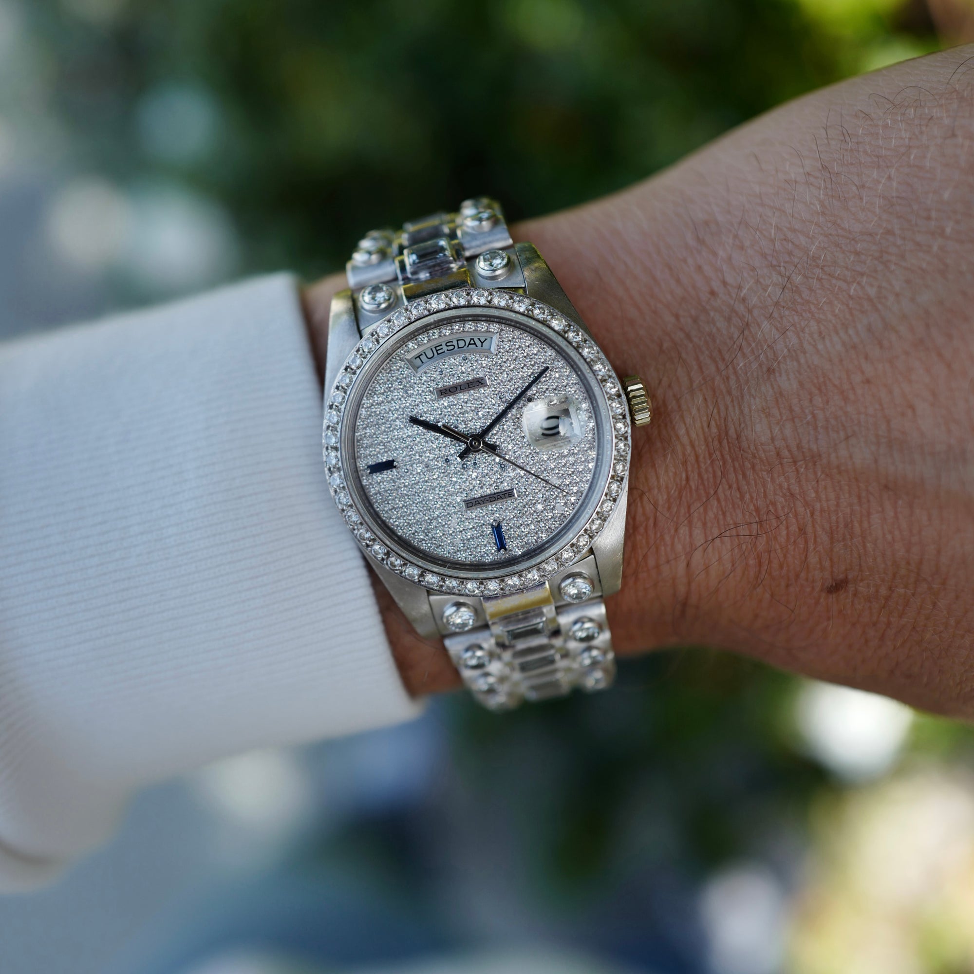 Rolex White Gold Octopussy Day-Date Ref. 18049 with Diamond Pave Dial and Sapphire Markers