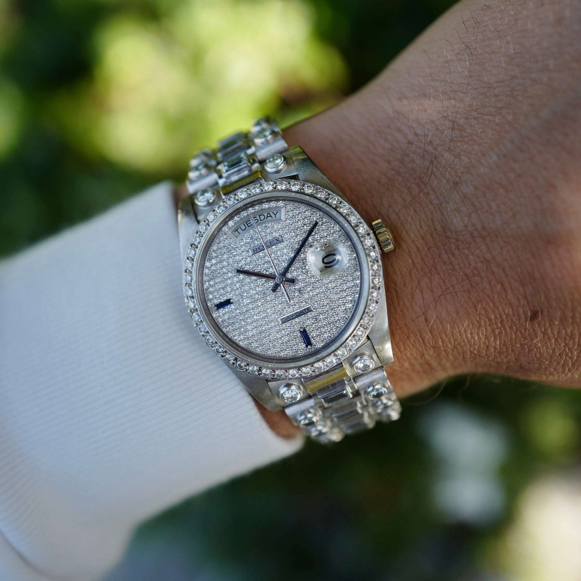 Rolex White Gold Octopussy Day-Date Ref. 18049 with Diamond Pave Dial and Sapphire Markers