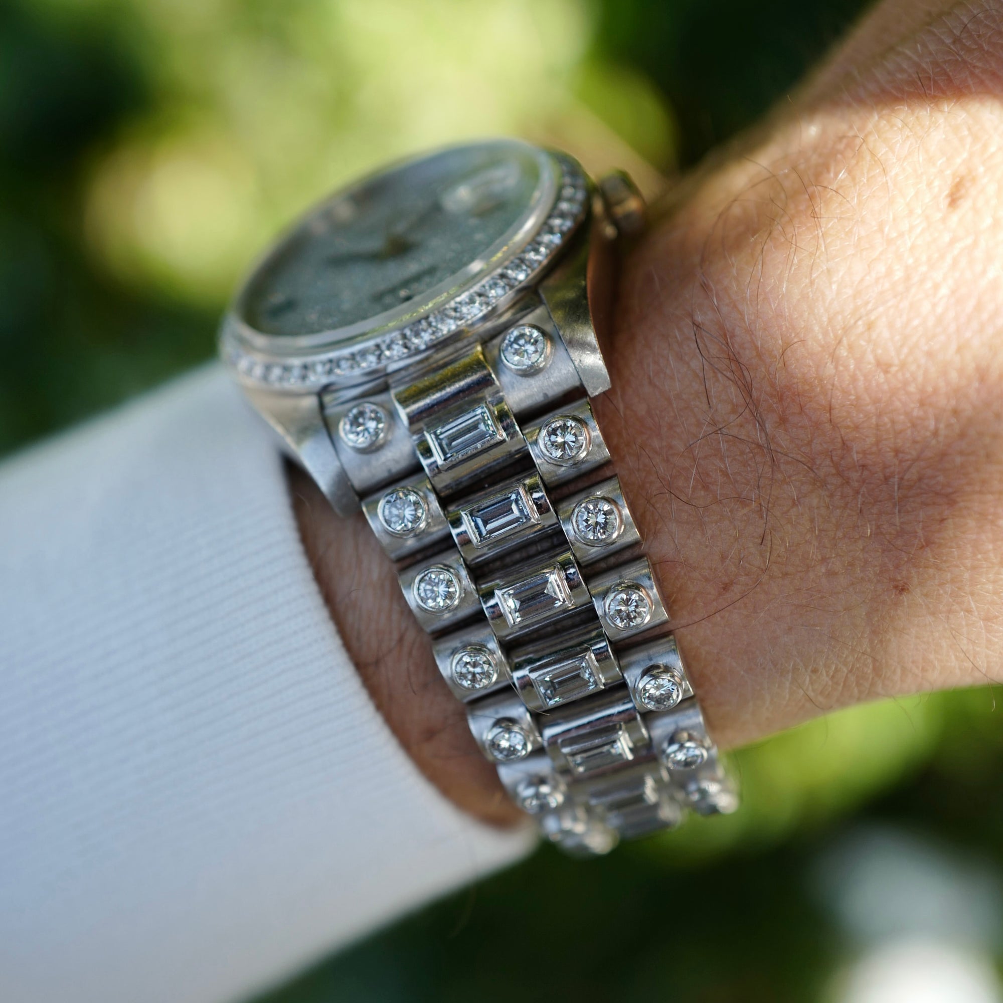 Rolex White Gold Octopussy Day-Date Ref. 18049 with Diamond Pave Dial and Sapphire Markers