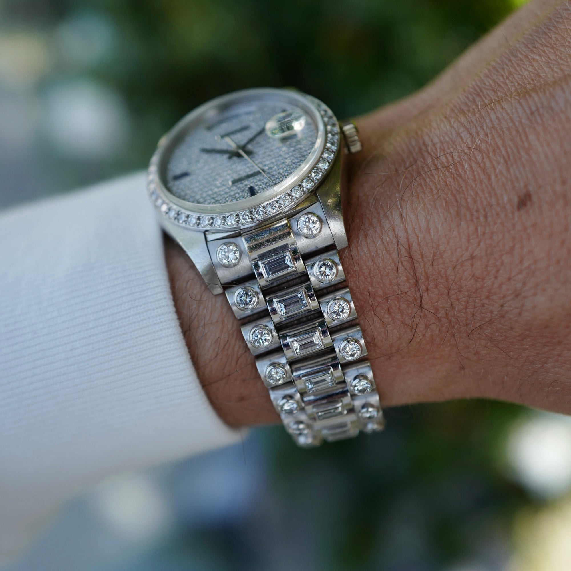 Rolex White Gold Octopussy Day-Date Ref. 18049 with Diamond Pave Dial and Sapphire Markers