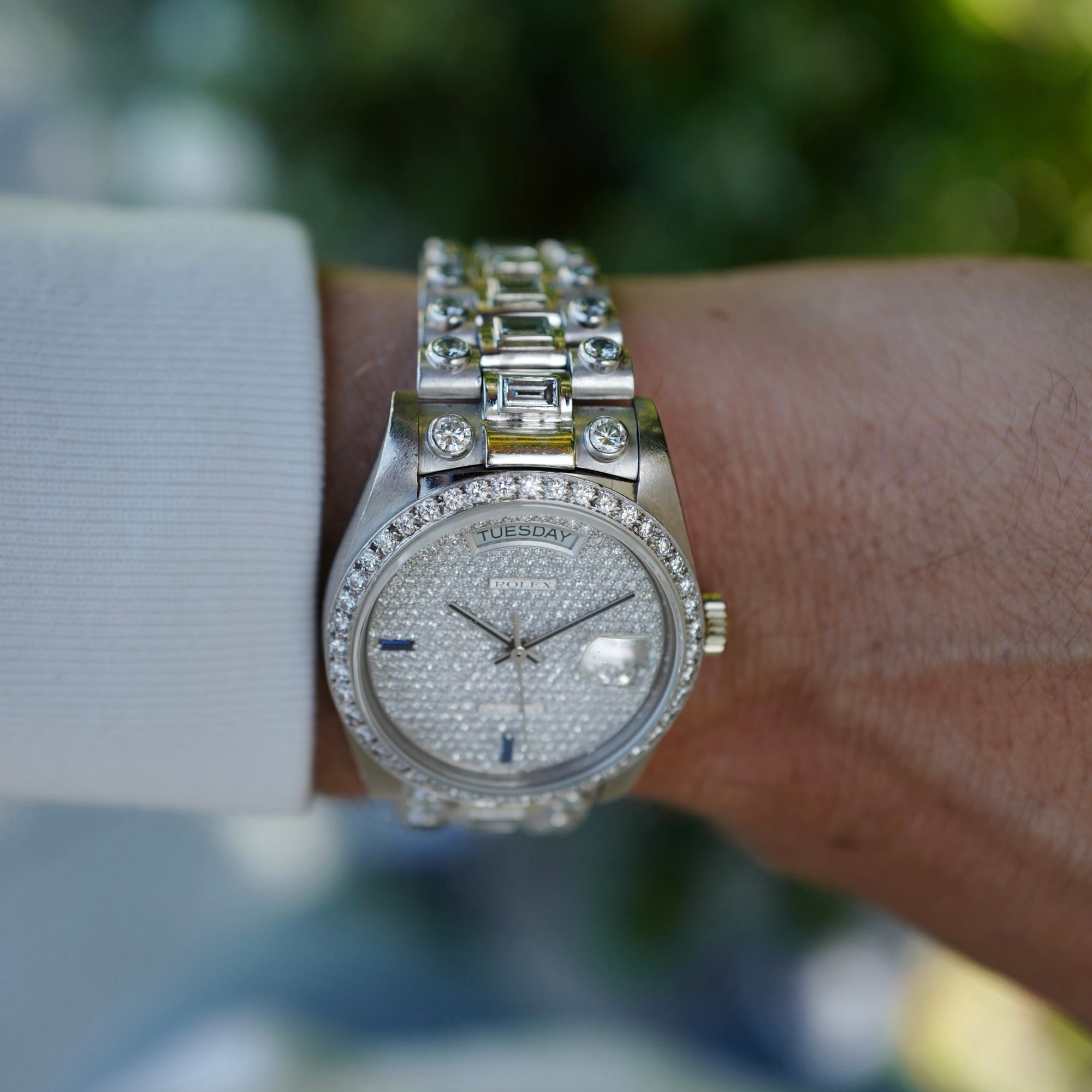 Rolex White Gold Octopussy Day-Date Ref. 18049 with Diamond Pave Dial and Sapphire Markers