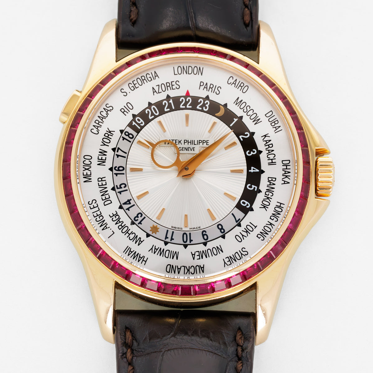Patek Philippe Pink Gold World Time Ruby Bezel Watch Ref. 5130