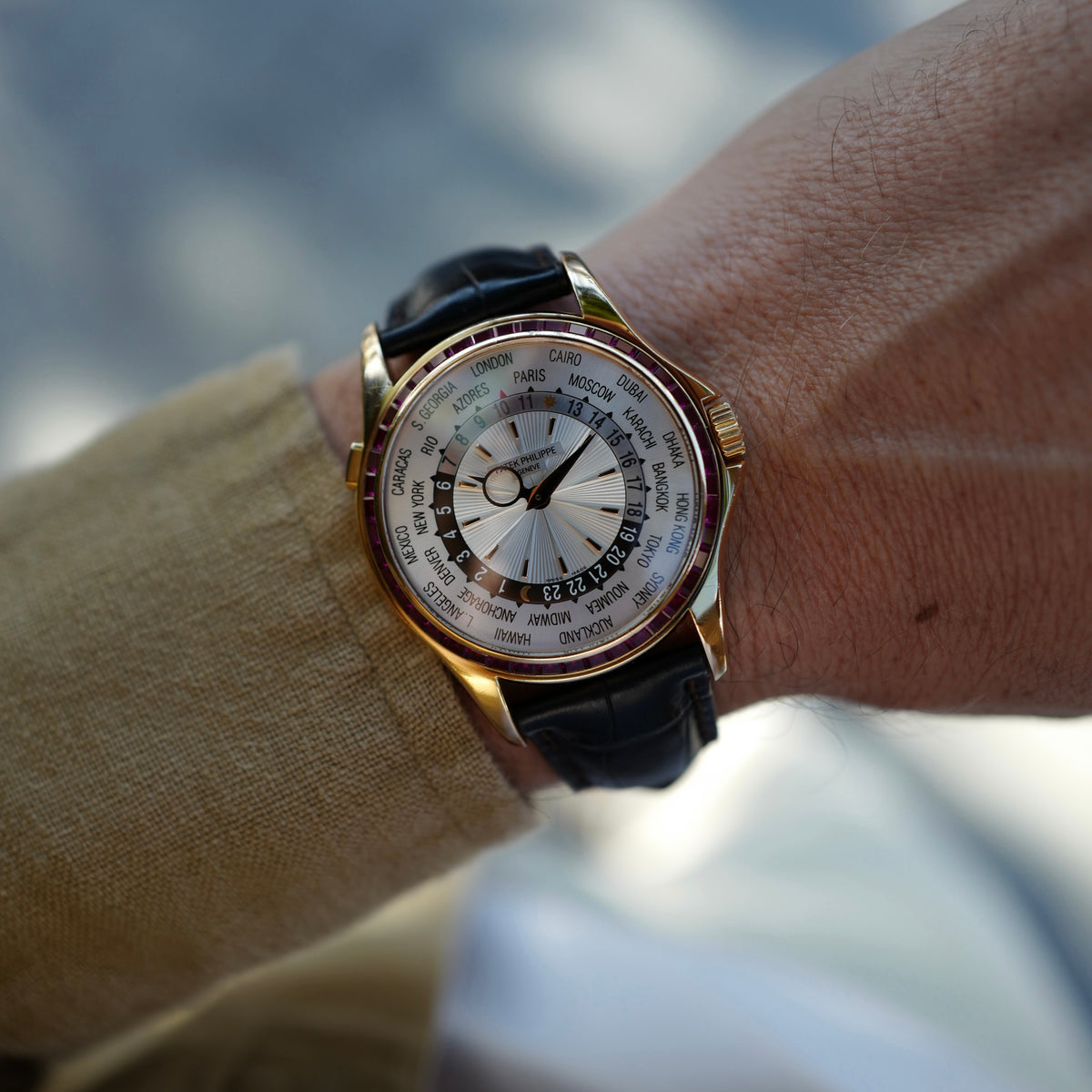 Patek Philippe Pink Gold World Time Ruby Bezel Watch Ref. 5130