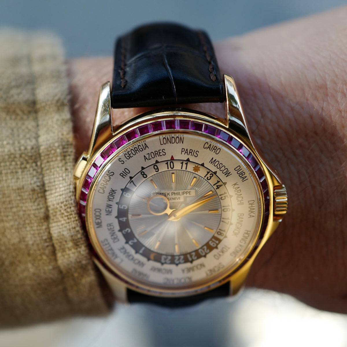 Patek Philippe Pink Gold World Time Ruby Bezel Watch Ref. 5130
