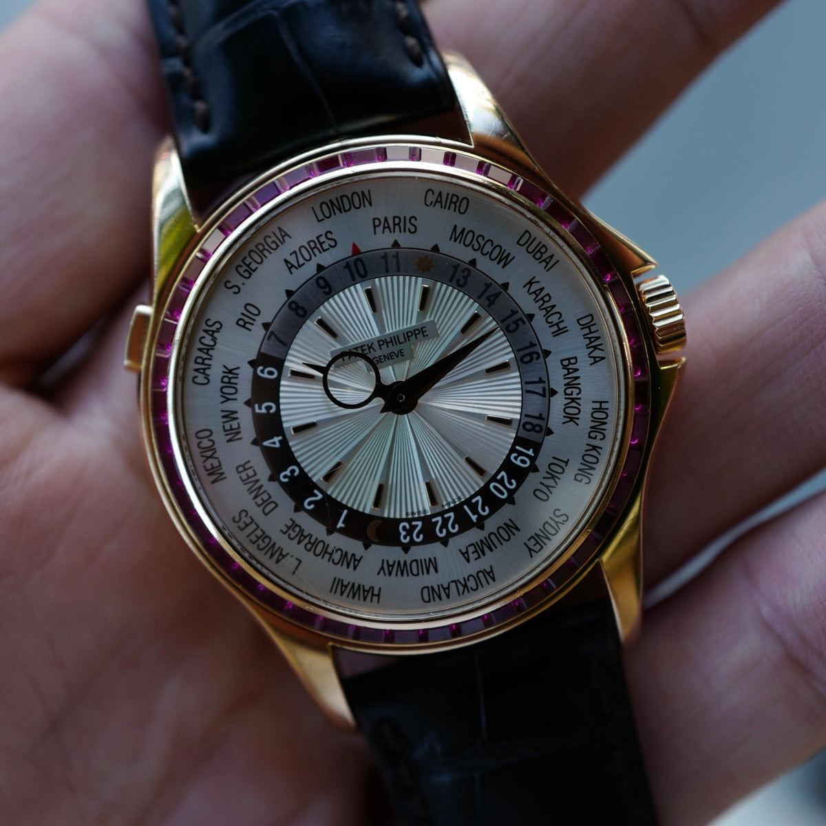Patek Philippe Pink Gold World Time Ruby Bezel Watch Ref. 5130