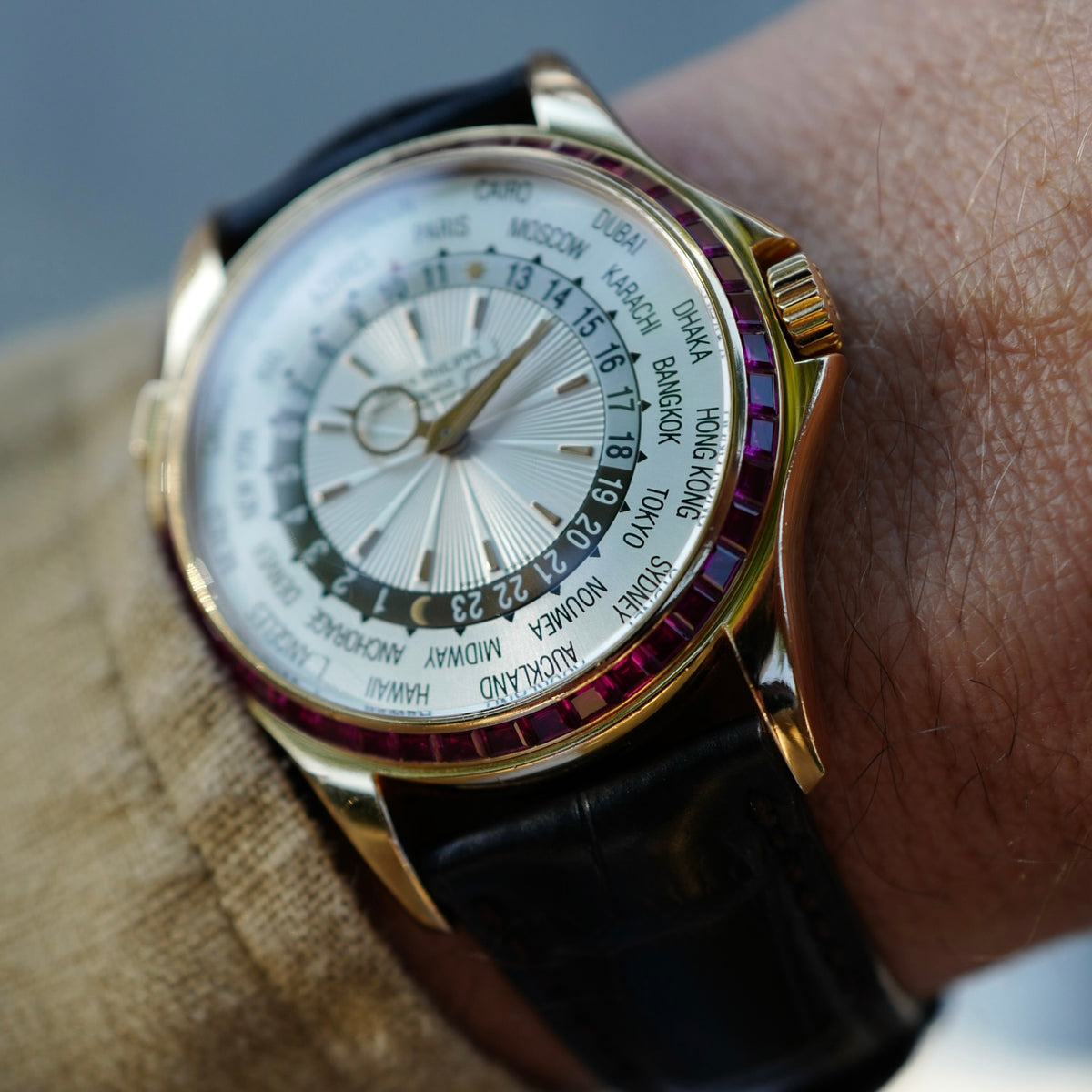 Patek Philippe Pink Gold World Time Ruby Bezel Watch Ref. 5130