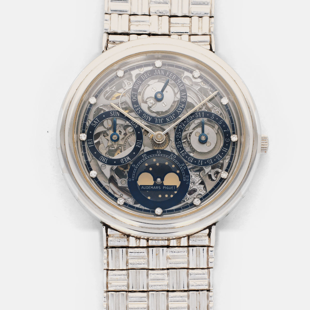 Audemars Piguet Platinum Skeletonized Perpetual Calendar Diamond Dial Bracelet Watch Ref. 25669PT, One of Three Made