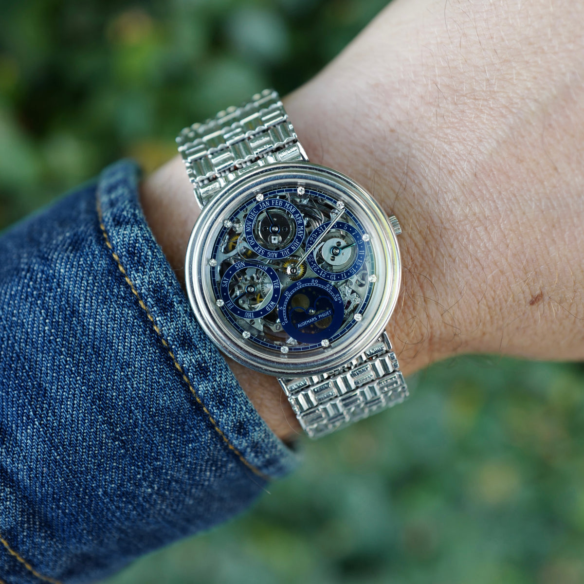 Audemars Piguet Platinum Skeletonized Perpetual Calendar Diamond Dial Bracelet Watch Ref. 25669PT, One of Three Made
