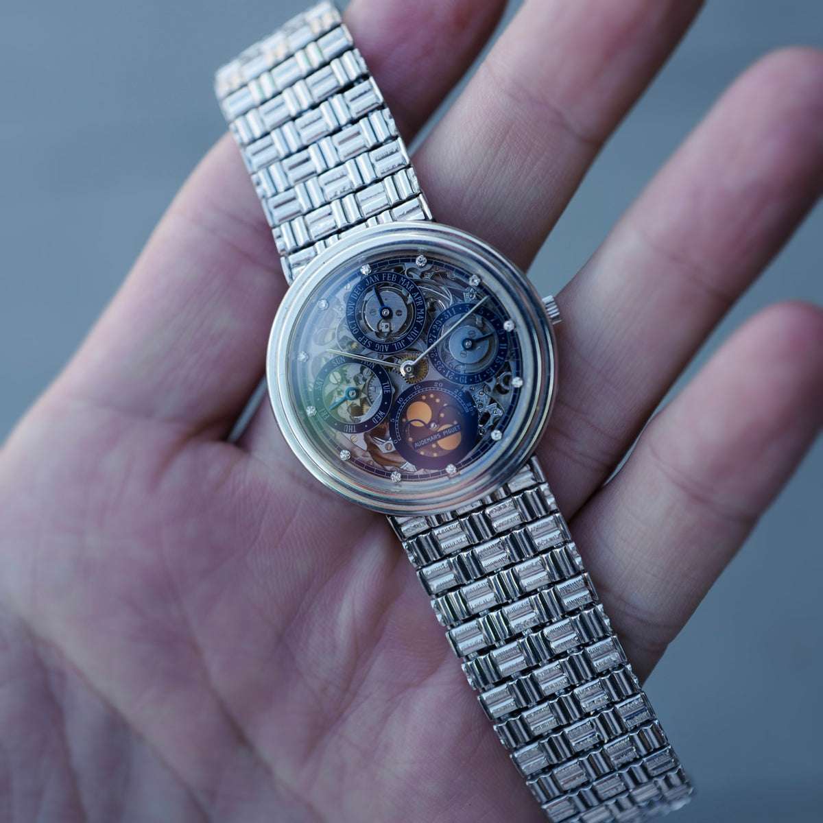 Audemars Piguet Platinum Skeletonized Perpetual Calendar Diamond Dial Bracelet Watch Ref. 25669PT, One of Three Made