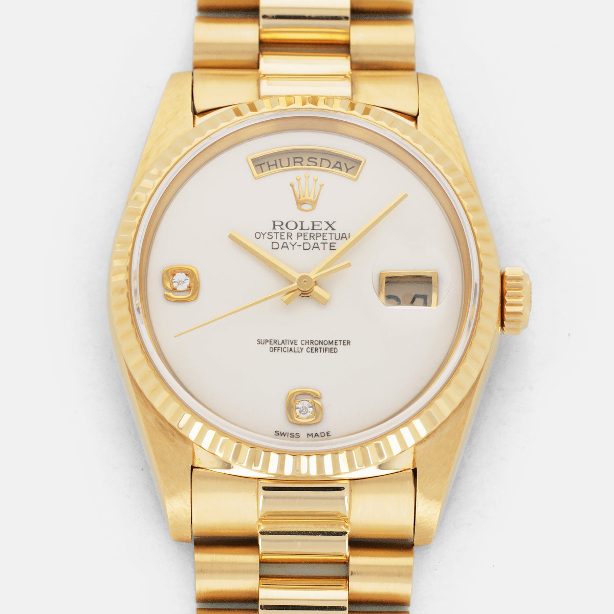Rolex Yellow Gold Day-Date Watch Ref. 18238 with 6/9 Diamond Cachalong Stone Dial