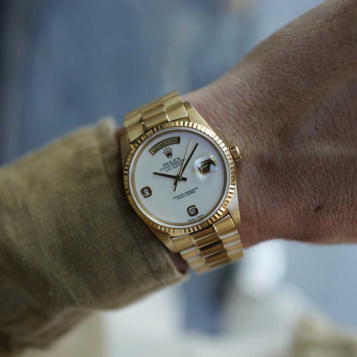 Rolex Yellow Gold Day-Date Watch Ref. 18238 with 6/9 Diamond Cachalong Stone Dial