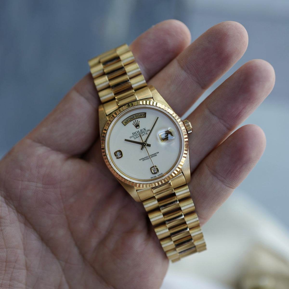 Rolex Yellow Gold Day-Date Watch Ref. 18238 with 6/9 Diamond Cachalong Stone Dial