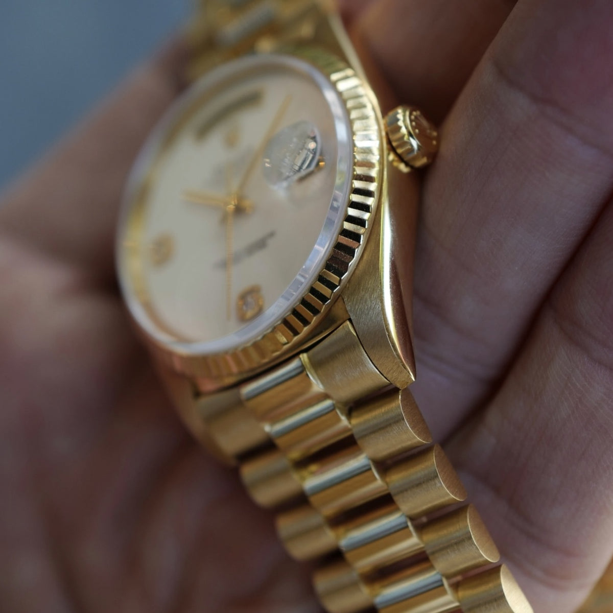 Rolex Yellow Gold Day-Date Watch Ref. 18238 with 6/9 Diamond Cachalong Stone Dial