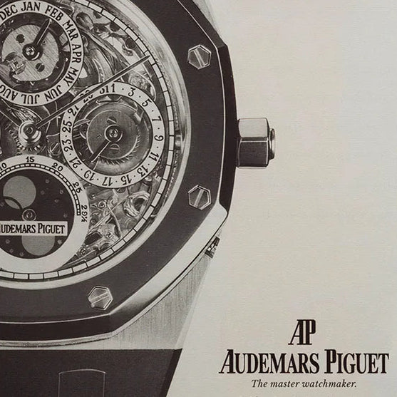 Advertisement for Audemars Piguet Royal Oak watch on a light gray background