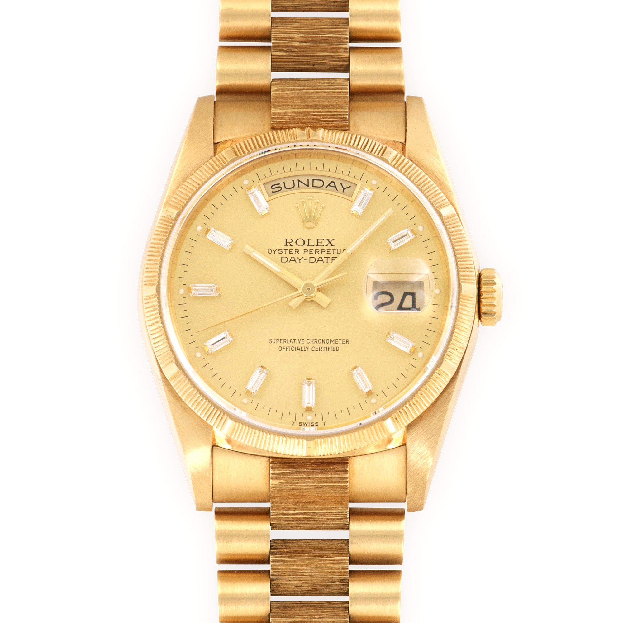 Rolex - Rolex Day-Date Yellow Gold Bark Finish Baguette Diamond Watch Ref. 18248 - The Keystone Watches