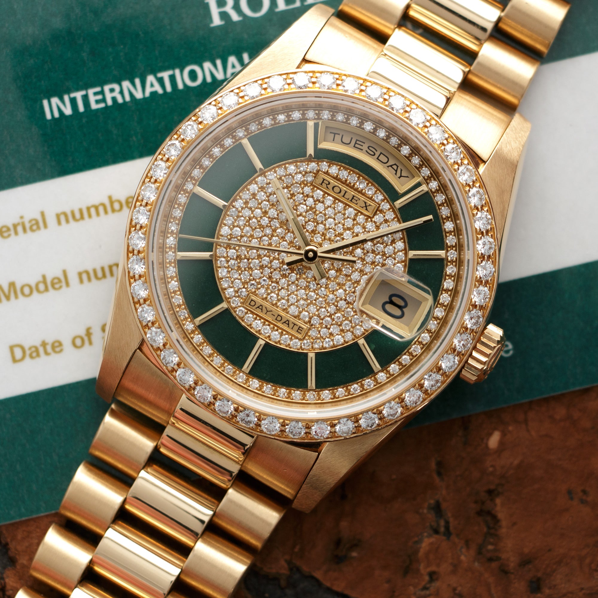 Rolex - Rolex Yellow Gold Day-Date Ref. 18348 with Original Carousel Diamond and Green Enamel Dial - The Keystone Watches