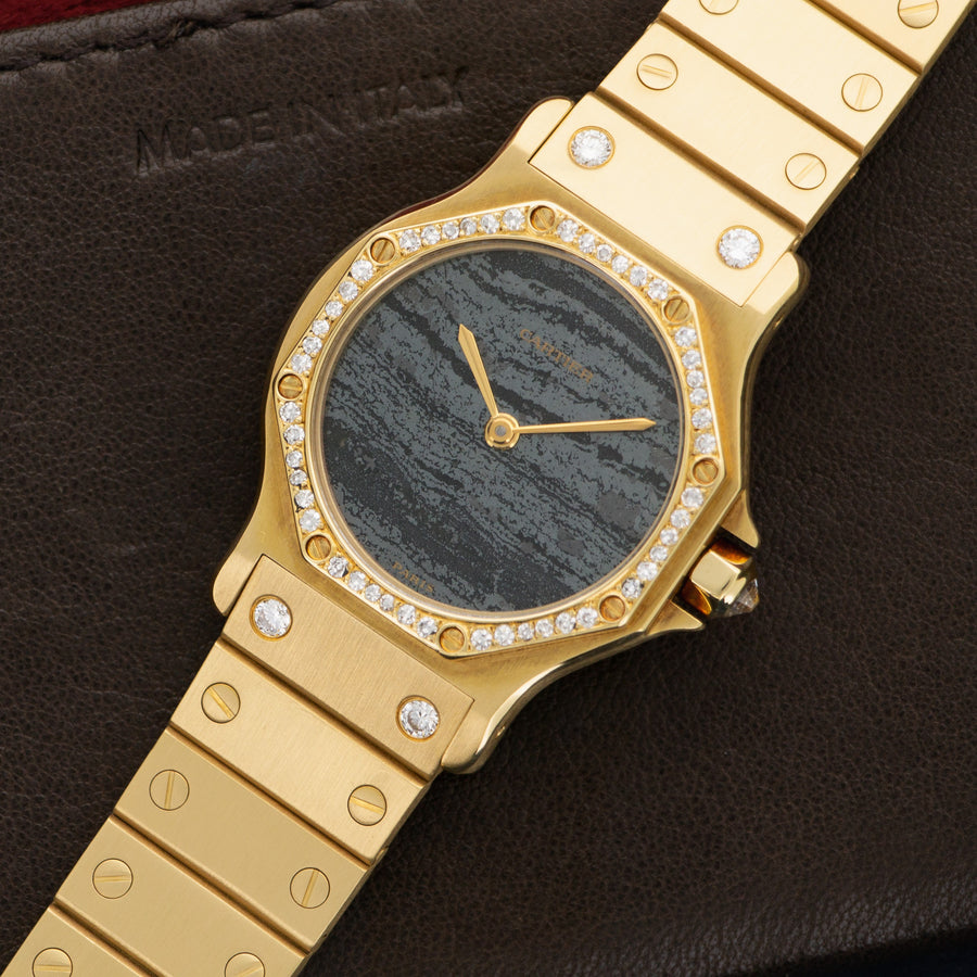 Cartier Yellow Gold Santos Diamond & Stone Dial Watch