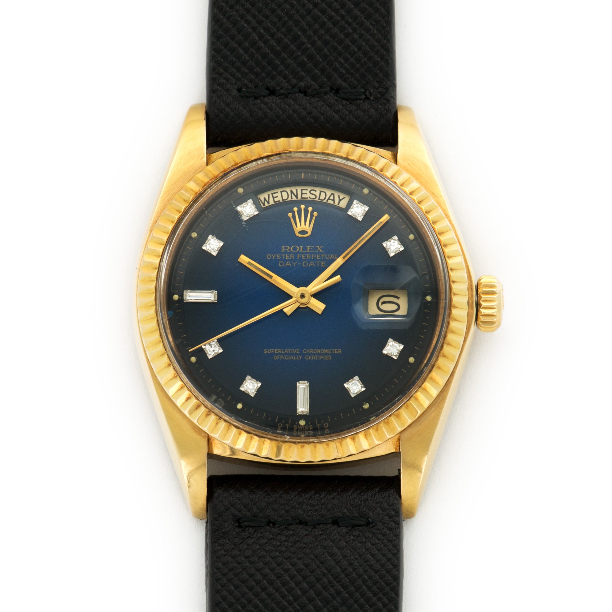 Rolex Day-Date Yellow Gold with Blue Vignette and Diamond Dial on Strap