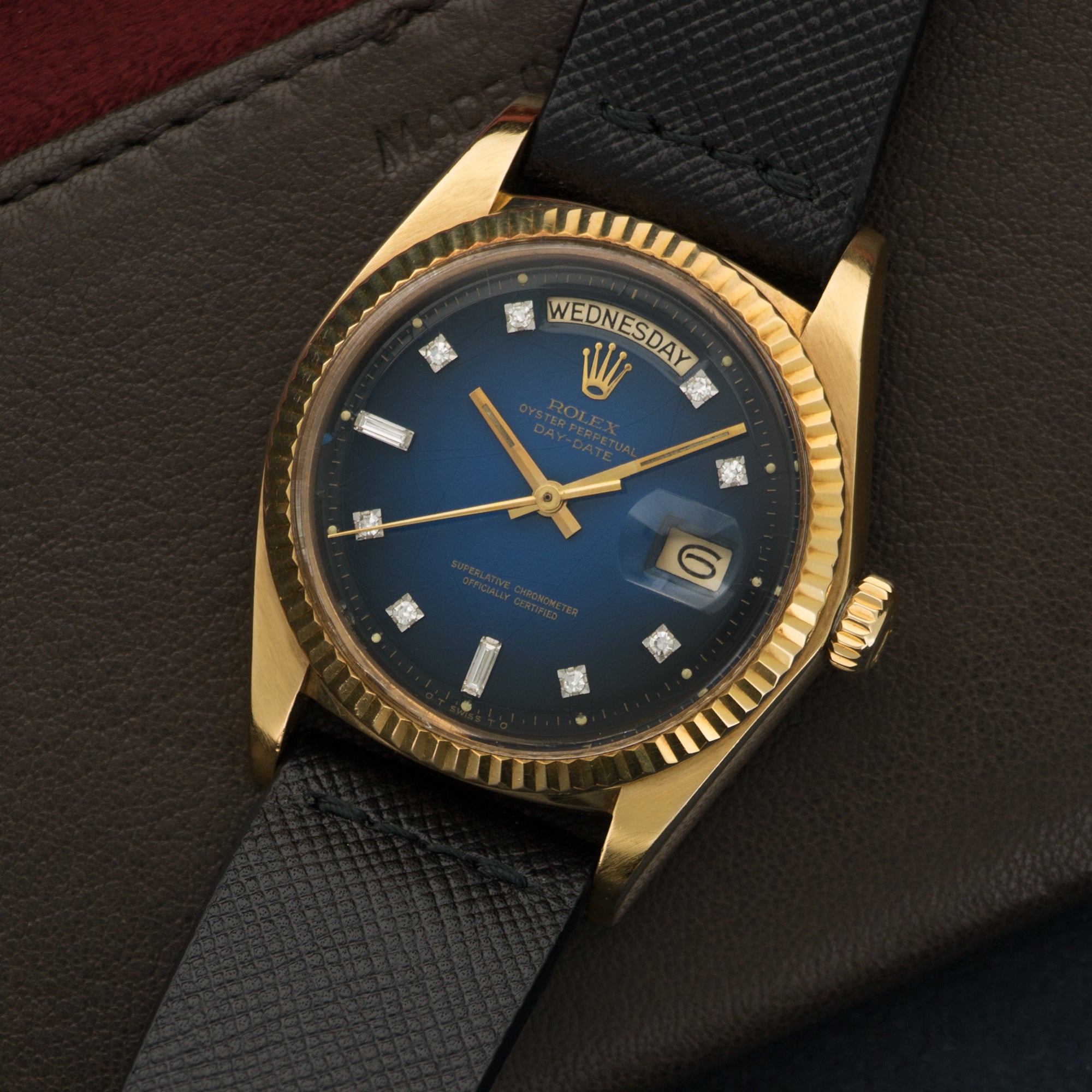 Rolex - Rolex Day-Date Yellow Gold with Blue Vignette and Diamond Dial on Strap - The Keystone Watches