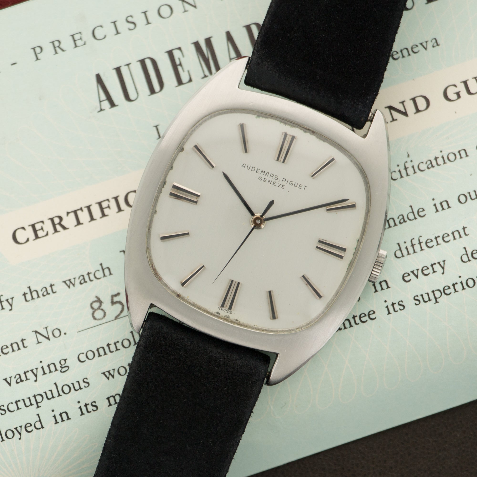 Audemars Piguet - Audemars Piguet Steel Cushion Shaped Strap Watch with Original Box & Papers - The Keystone Watches