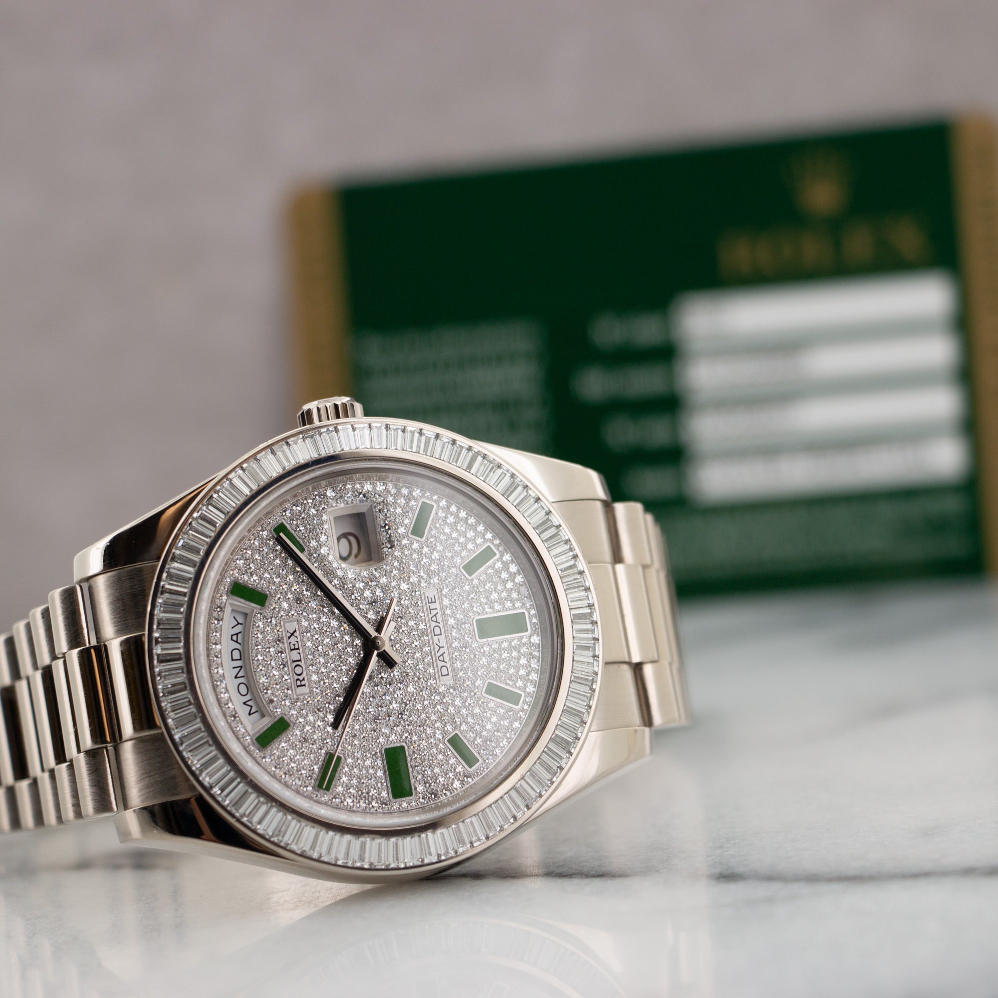 Rolex - Rolex Day-Date White Gold with Baguette Bezel and Pave Dial Ref. 218399BR - The Keystone Watches