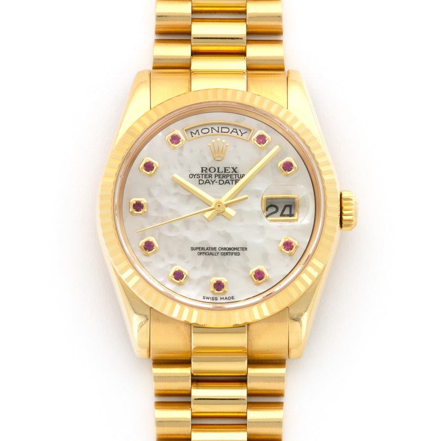 Rolex Yellow Gold Day-Date Mother of Pearl Ruby Watch Ref. 118238