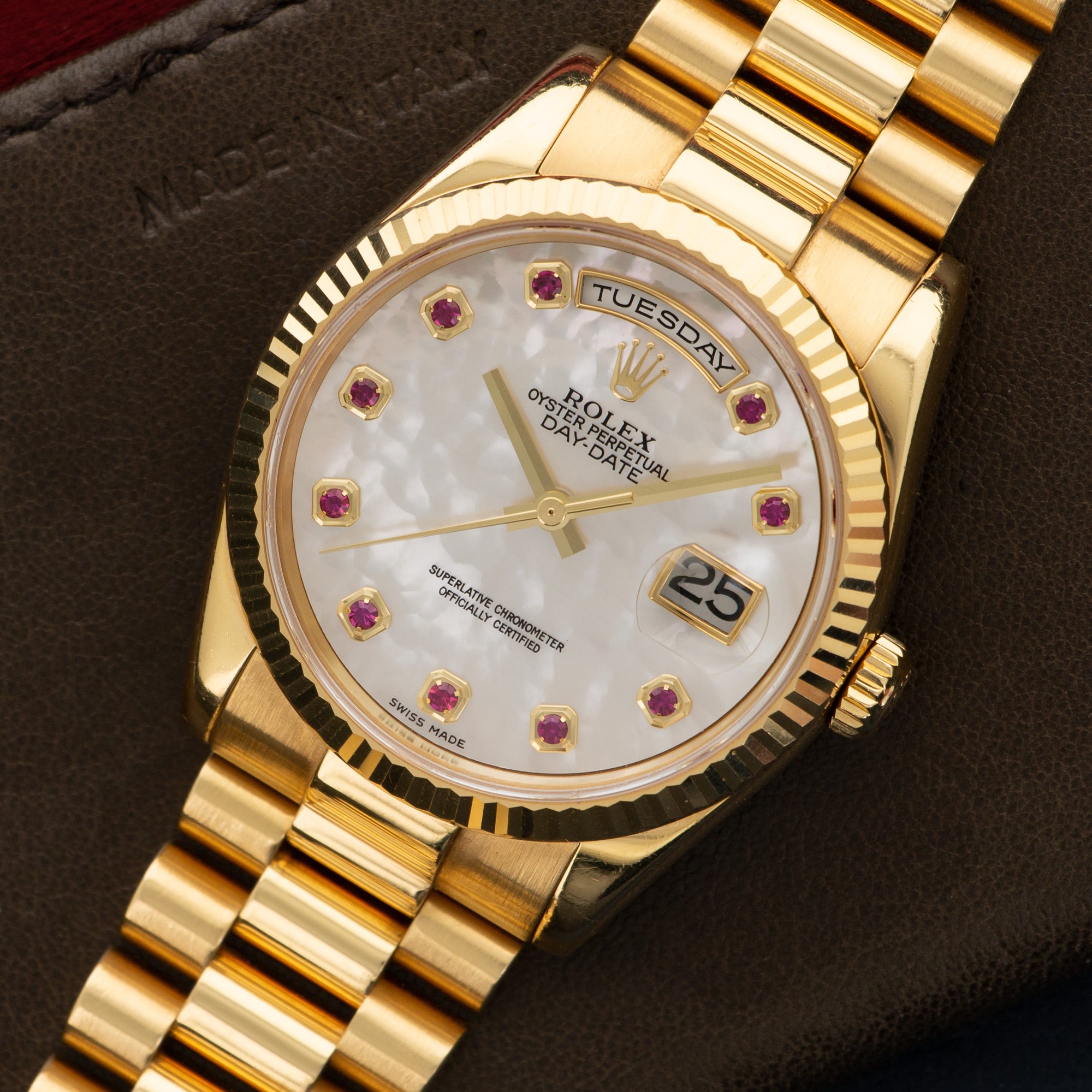 Rolex - Rolex Yellow Gold Day-Date Mother of Pearl Ruby Watch Ref. 118238 - The Keystone Watches