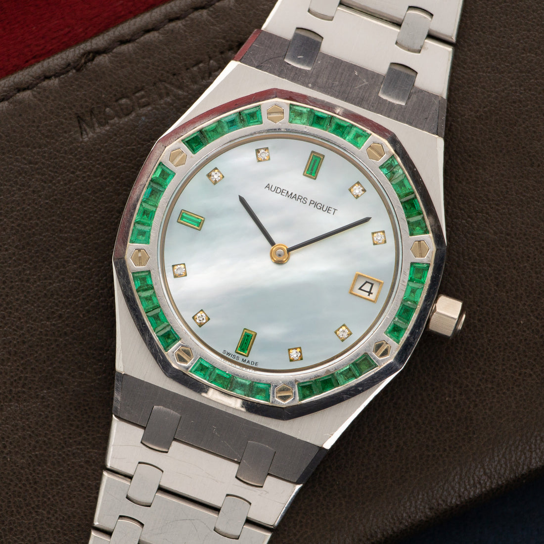 Audemars Piguet White Royal Gold Royal Oak Emerald & Diamond Watch