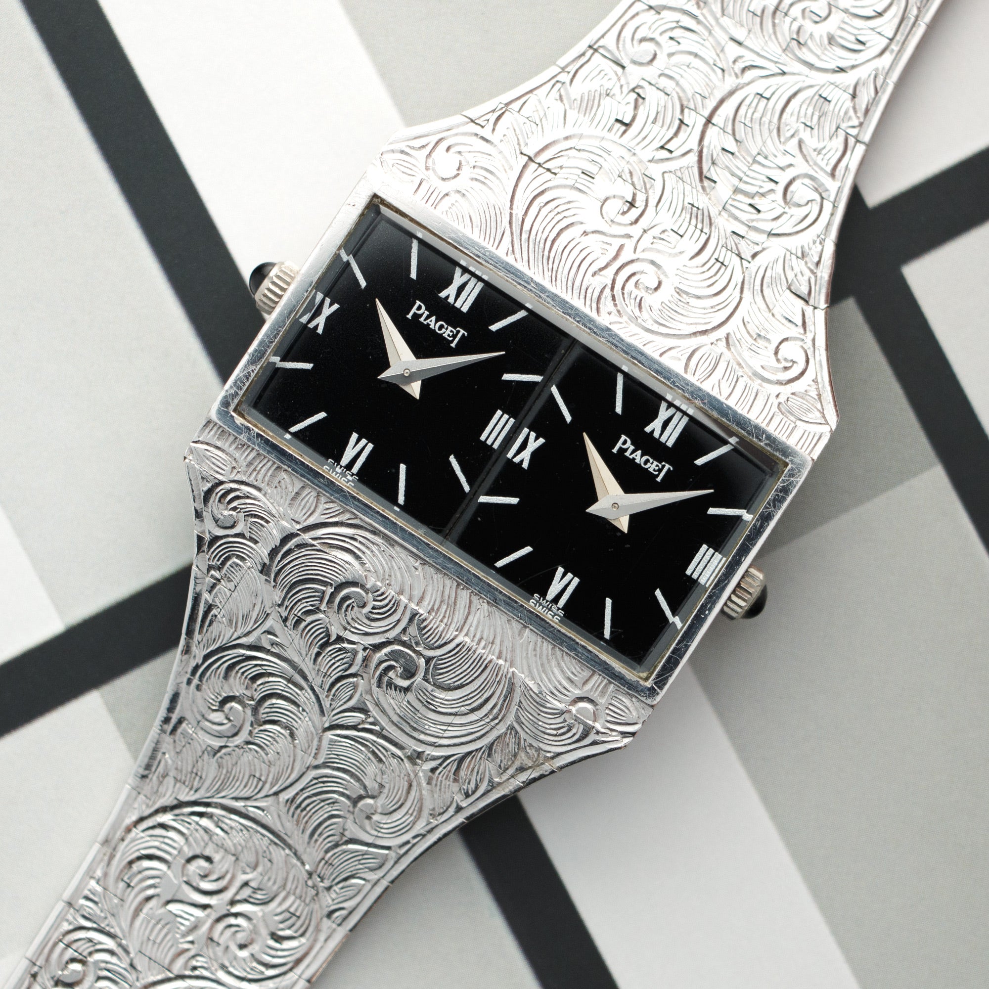 Piaget - Piaget White Gold Dual Time Hand Engraved Watch - The Keystone Watches