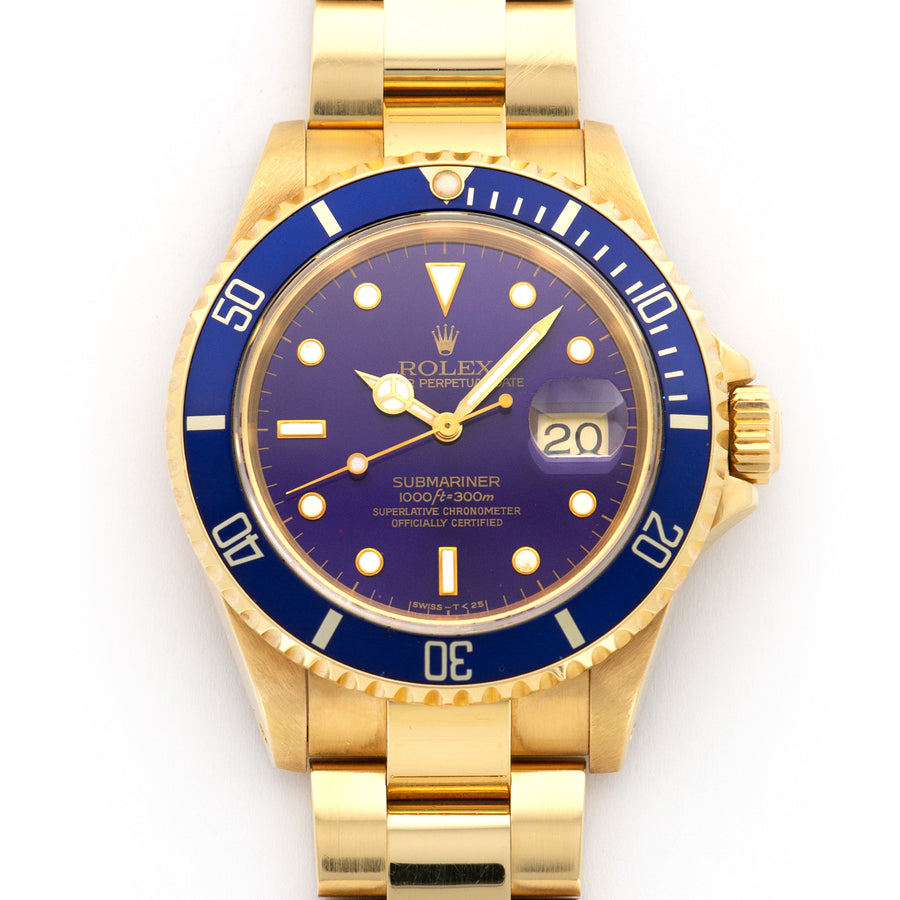 Rolex Yellow Gold Submariner Watch Ref 16618 with Original Tropical Purple Dial