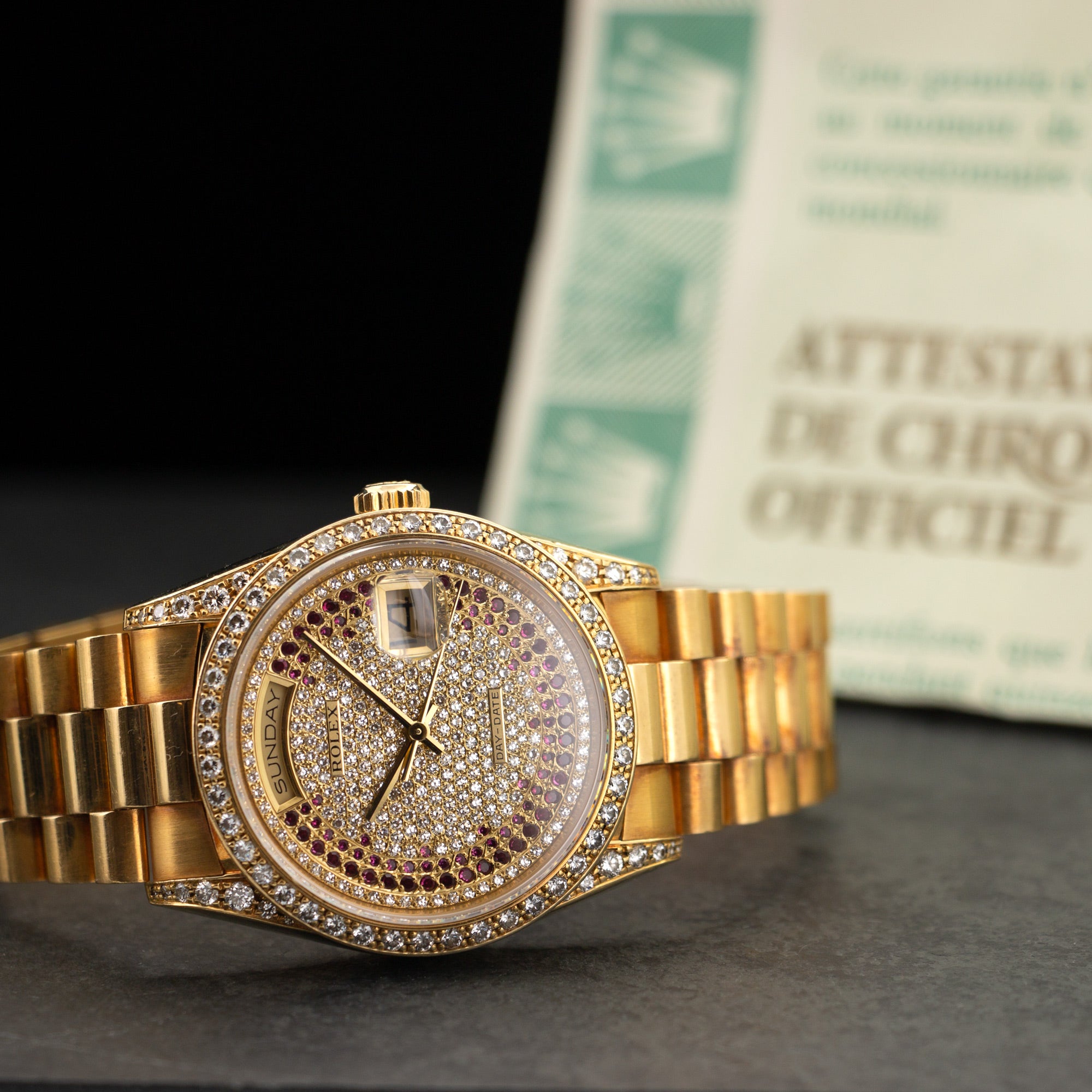 Rolex - Rolex Yellow Gold Day-Date Pave Diamond &amp; Ruby Watch Ref. 18388 - The Keystone Watches