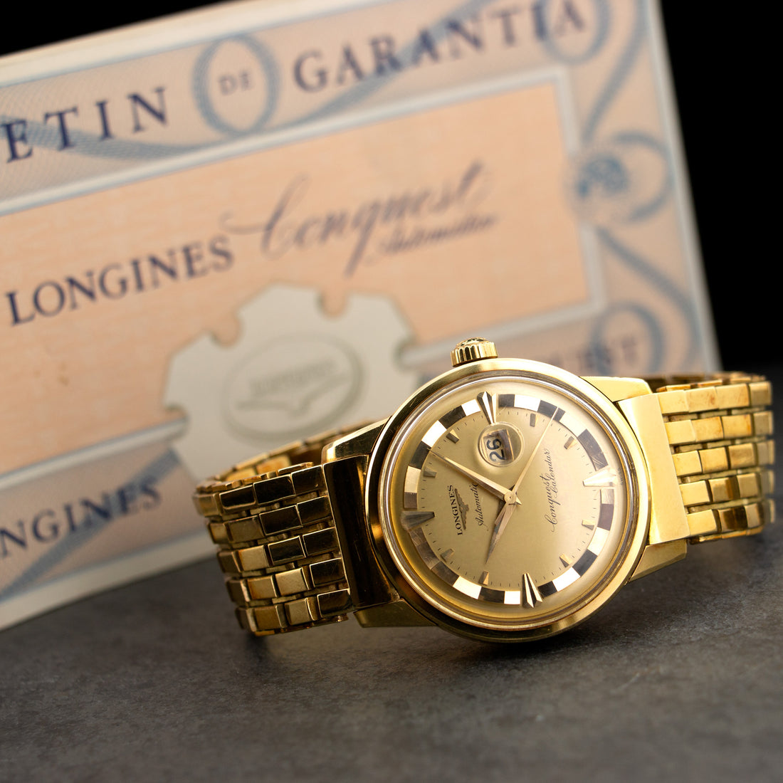 Longines Yellow Gold Conquest Calendar Watch Ref. 9005 with Original Papers from Cuba