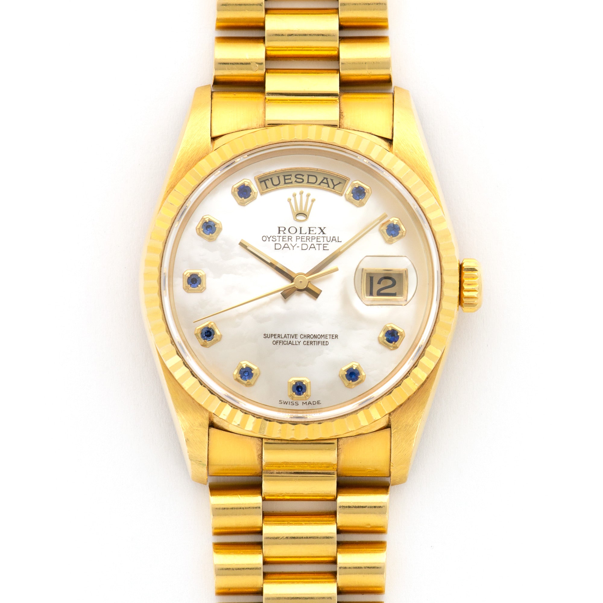 Rolex - Rolex Yellow Gold Day-Date Mother of Pearl Sapphire Watch Ref. 18238 - The Keystone Watches