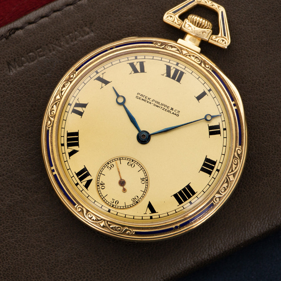 Patek Philippe Yellow Gold Enamel Engraved Pocket Watch from 1921