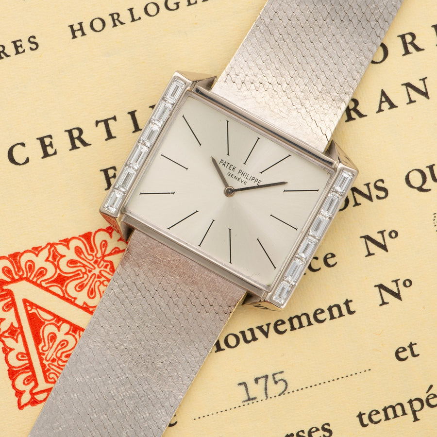 Patek Philippe White Gold Baguette Diamond Watch with Original Warranty Paper