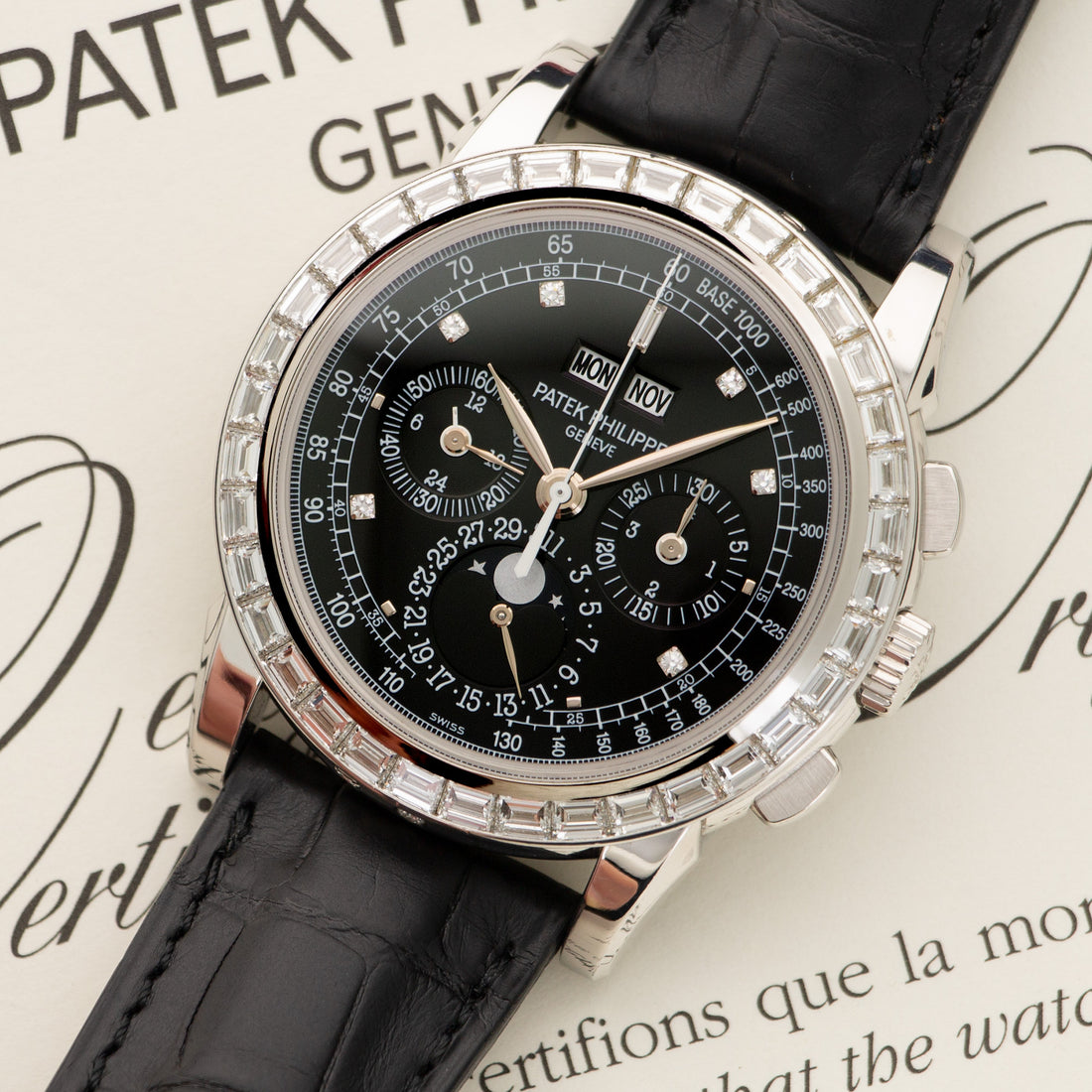 Patek Philippe Platinum Perpetual Calendar Chrono Baguette Diamond Watch Ref. 5971